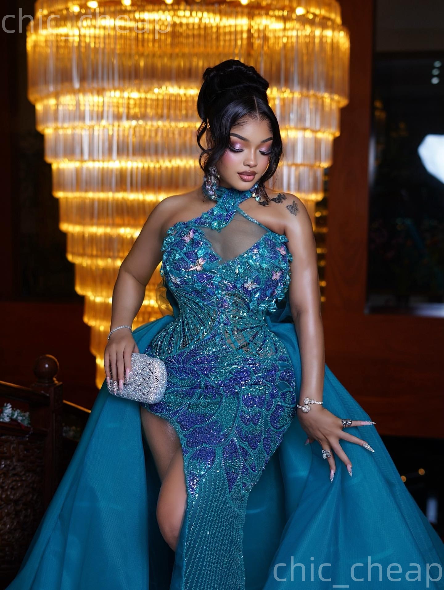 Aso Ebi Blue Sheath Prom Dresses 2026 Crystals High Split Sequined Evening Formal Party Second Birthday Engagement Gowns Plus Size Dress For Special O