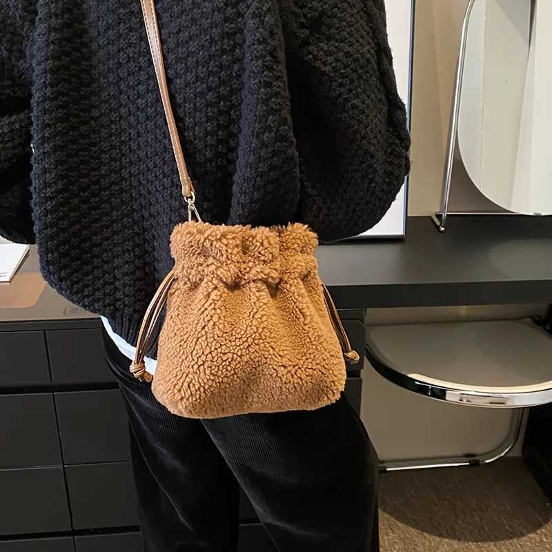 Mini Plush Crossbody Bag Fashionable with Drawstring - Soft Fuzzy Bucket Bag for Women Detachable Strap Polyester LinedT251213