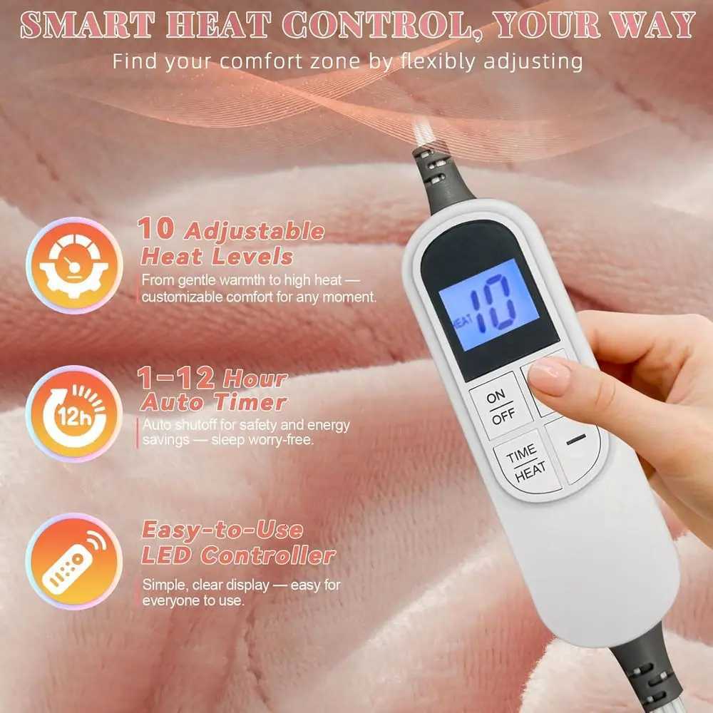 Wearable Electric Blanket with Foot and Sleeve Pockets 10 Heat Settings Auto-Off 50x70 Pink Flannel Sherpa Throw Y251212