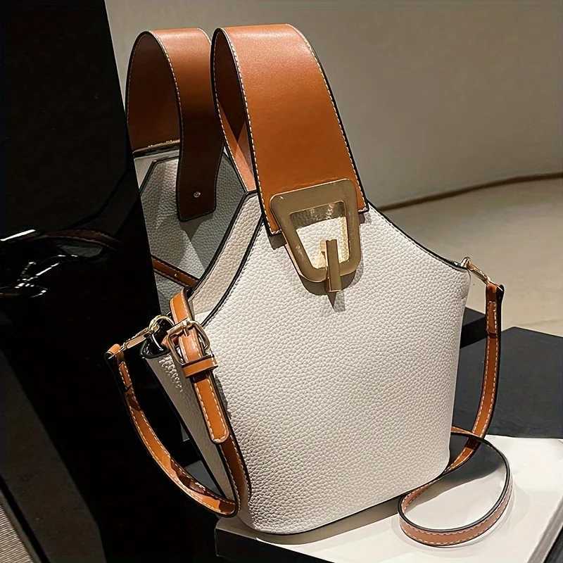 French-Inspired Elegant Beige Bucket Bag Large Capacity Golden Lock Adjustable Strap Perfect for Work Travel Daily UseT251213