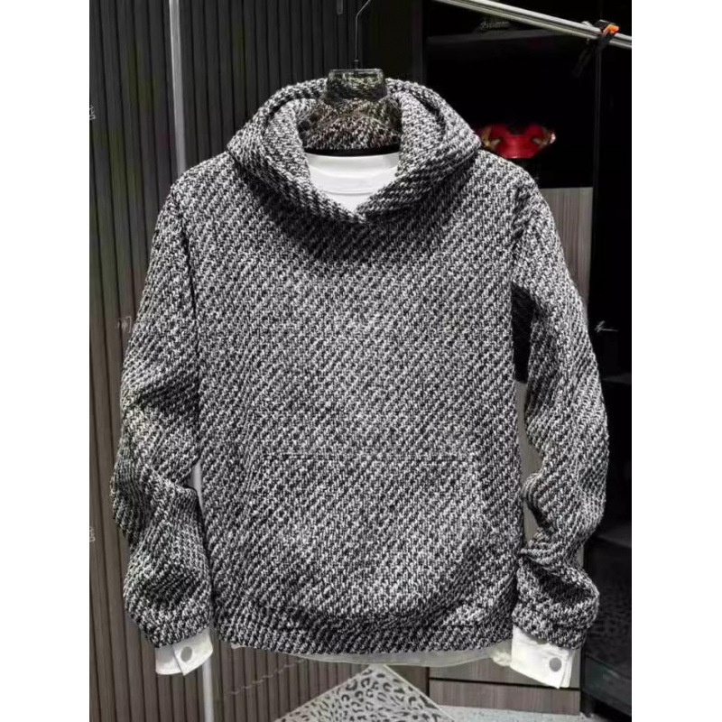 New Trendy Retro Little French Style Hooded Sweatshirt for Men 2026 Autumn Winter Heavy Tweed Loose Pullover Long Sleeve Top