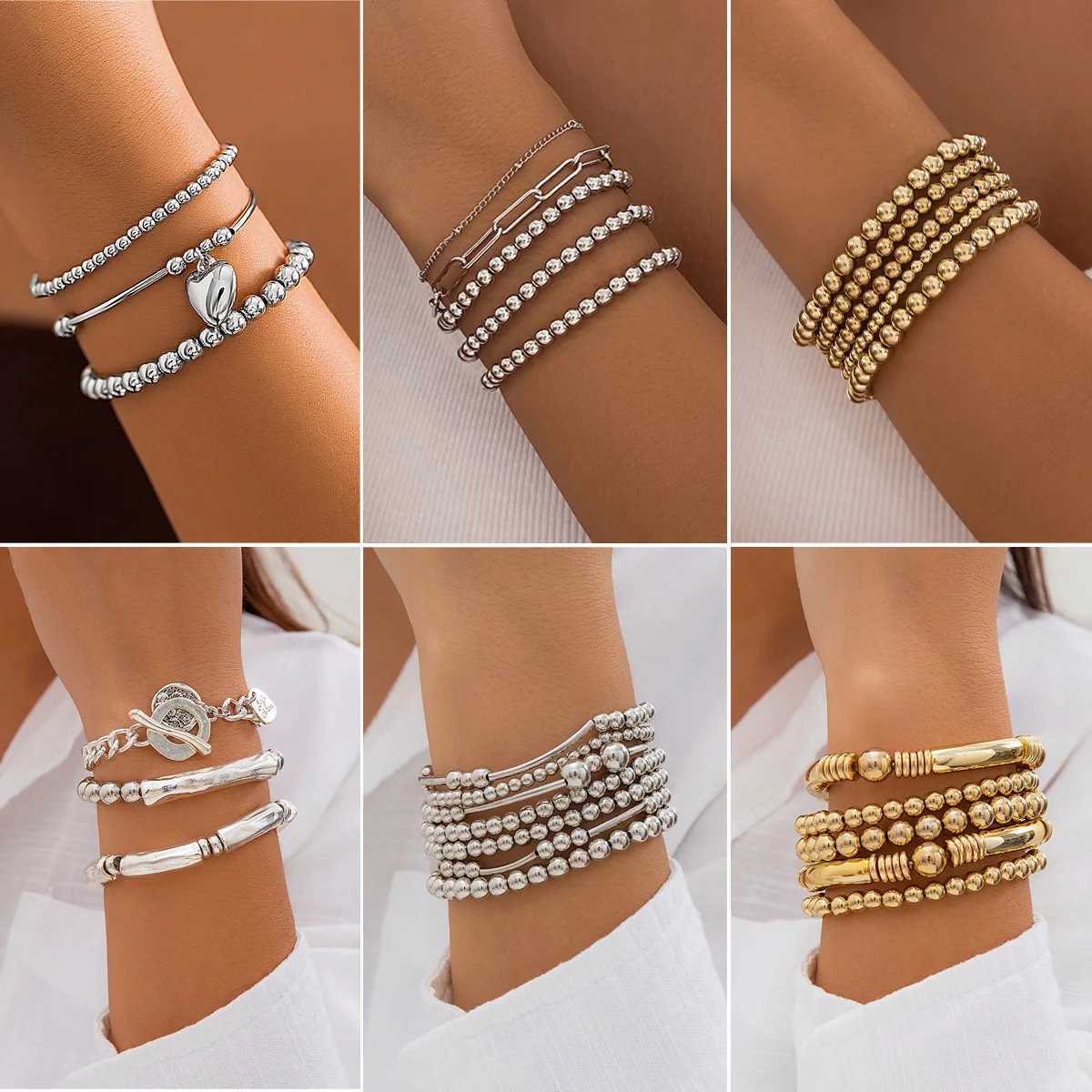 Layered Gold-Plated Beaded s Set Dainty Elastic Beads Chain Tube Bangle Boho Stackable TrenDY Pattern Copper M251213