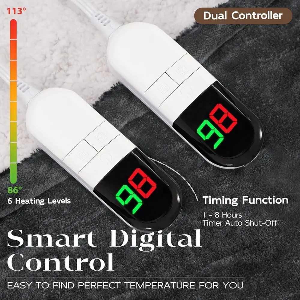 Queen Size 84x90 Electric Heated Blanket - 6-Level Warmth Dual Controls Fast Heating Sherpa Flannel Auto-Off Washable Grey Y251212