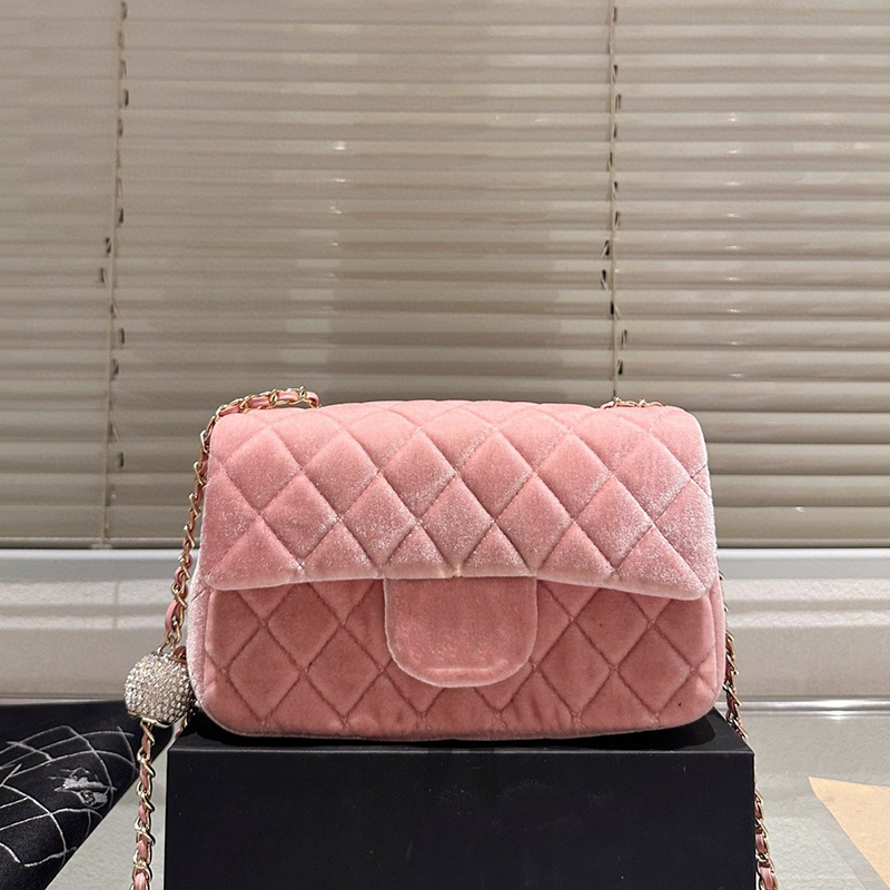 Luxury Quality Winter New High Quality Velvet Shoulder Bag, Golden Ball Shining Diamond Chain Bag, Designer Women's Bag, Adjustable Chain, Slant Shoulder Bag