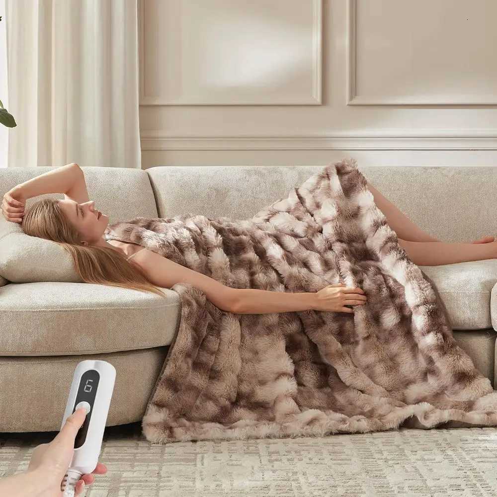 Twin Size Plush Bubble Faux Fur Electric Blanket with 6 Heat Settings and 10-Hour Auto-Off 62x84 Patterned Taupe Y251212