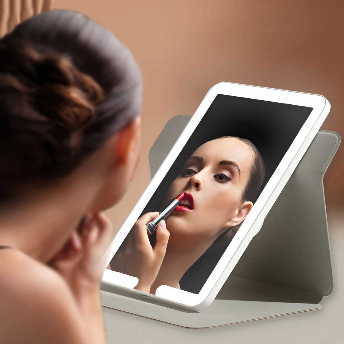 LED Foldable Travel Makeup Mirror 3 Colors Light Modes USB Rechargeable Touch Screen Portable Tabletop Cosmetic Mirror WhiteT251213