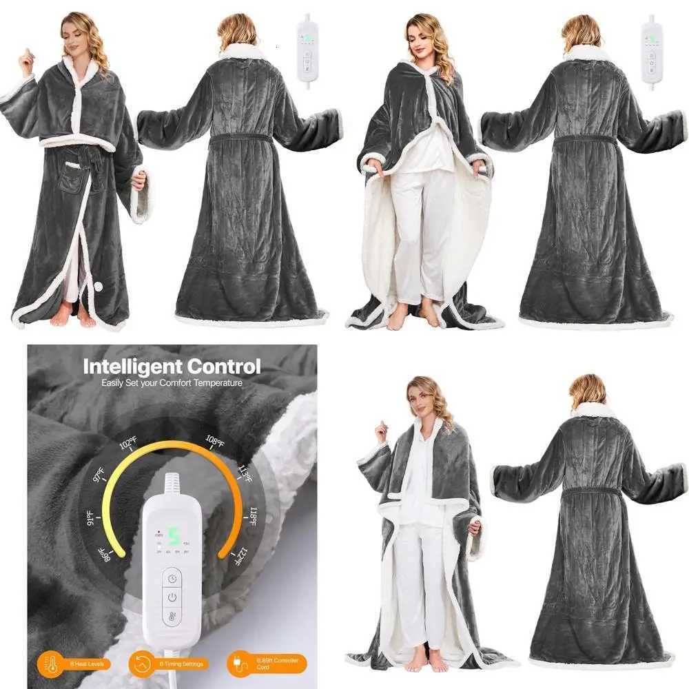 Wearable Electric Blanket with Foot Pockets and Sleeves 8 Heat Levels Timer for Women 50x60 Flannel Sherpa Robe Y251212