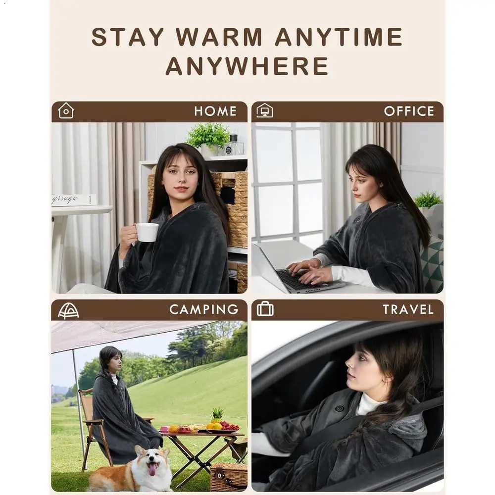 Portable Cordless Heated Blanket with Hoodie 3-Temperature Settings 20000mAh Battery Ideal for Camping and Car Use Y251212