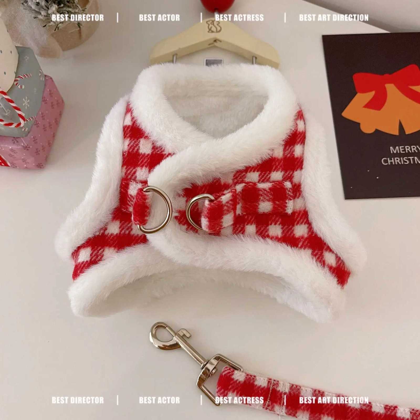 Pet New Years Plaid Traction Set Clothes Dog Cat Vest Harnesses Thick Velvet Autumn Winter Teddy Christmas and New Year Coat M251213