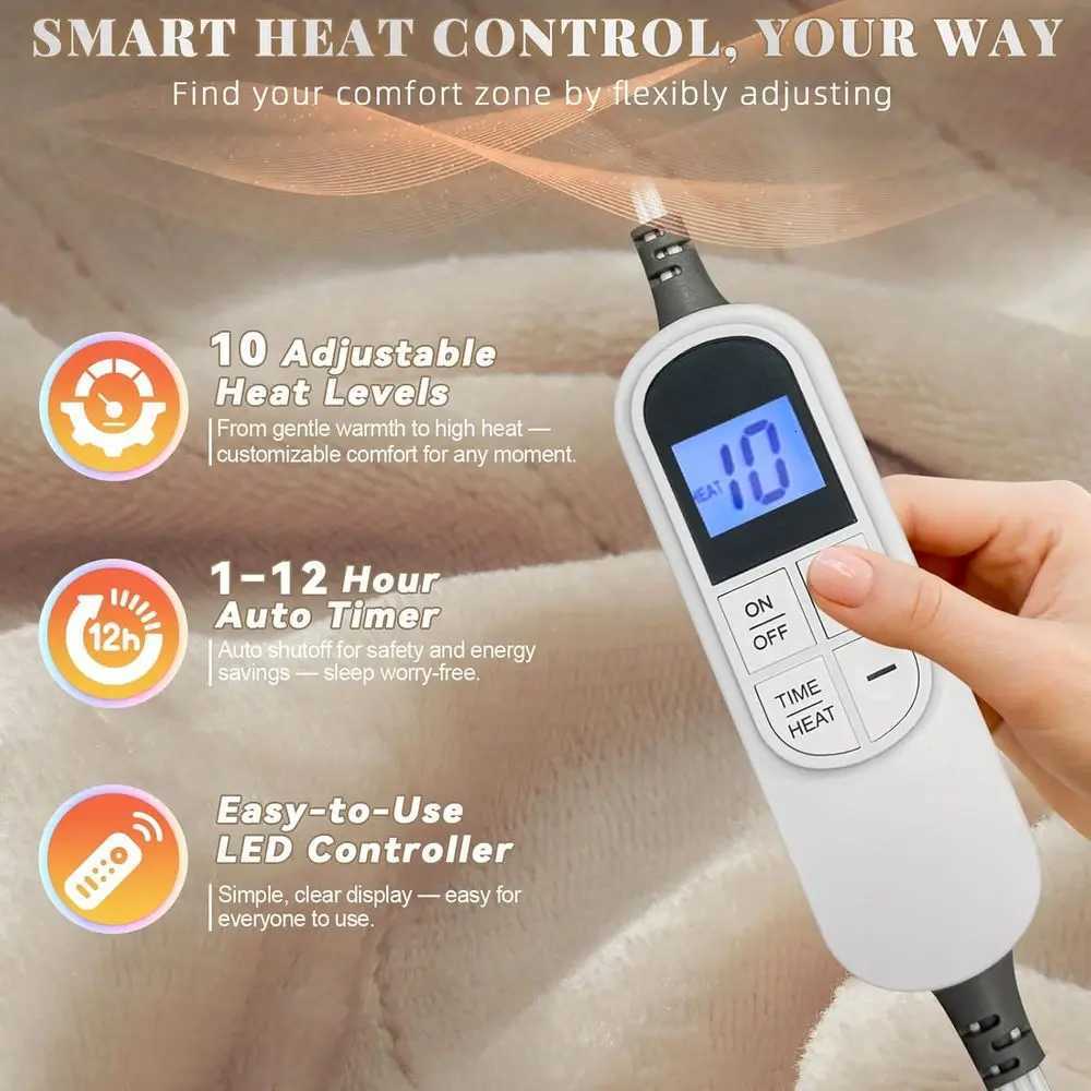 Wearable Electric Blanket with Foot Sleeve Pockets 10-Setting Heated Flannel Sherpa Throw Auto-Off 50x70 Beige Y251212