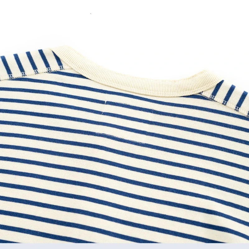 Classic American Retro Blue and White Sea Soul T-shirt Heavy duty All Cotton Striped Men Henry Collar Casual Long Sleeve T-shirt 251211