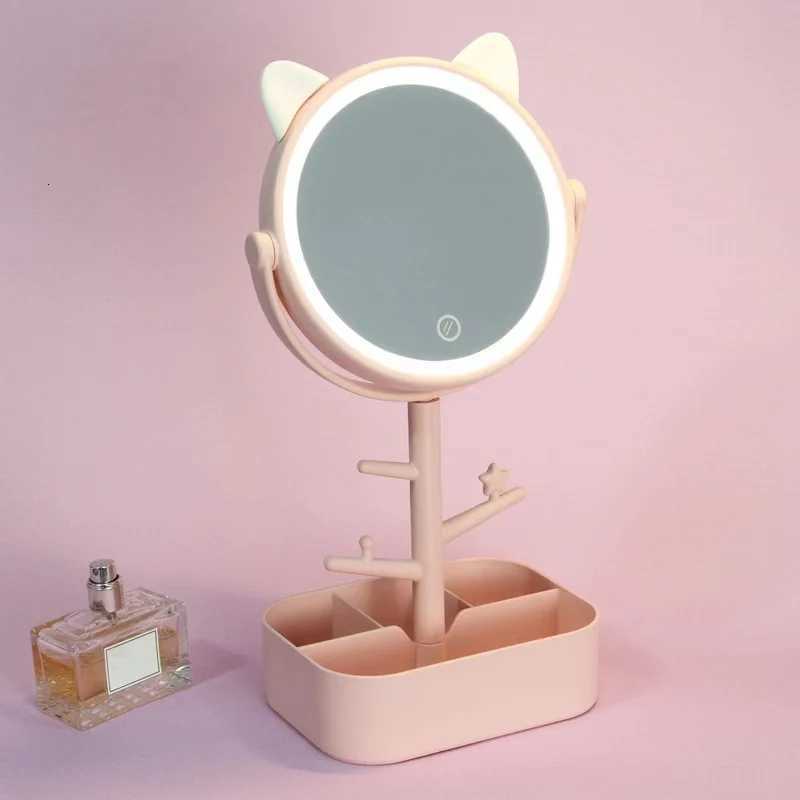 Ears LED Makeup Mirror With Light Lamp With Storage Desktop Rotating Cosmetic Mirror Light Adjustable Dimming USB Vanity MirrorT251213