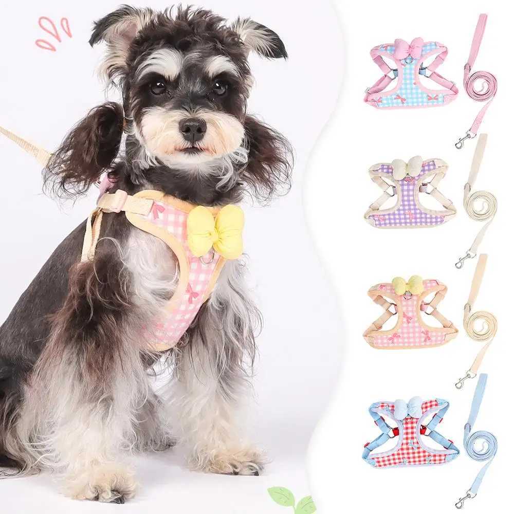 Small Dog Leash Bowknot Harness Pet Plaid Chest Strap Adjustable Item No-Pull Dog Harness And Leash Set Outdoor Pet Braces M251213
