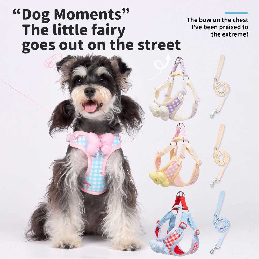 Small Dog Leash Bowknot Harness Hiking Vest-Style Schnauzer Outdoor Harness Breathable Pet Wearables Dog Daily Walk Leash M251213