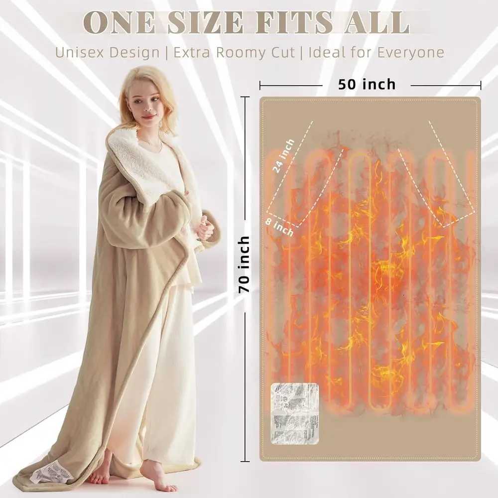 Wearable Electric Blanket with Foot Sleeve Pockets 10-Setting Heated Flannel Sherpa Throw Auto-Off 50x70 Beige Y251212