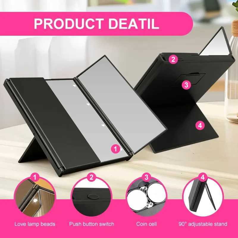 Portable LED Three Sided Makeup Mirror Folding Design Travel Vanity Cosmetic Mirror with Adjustable Stand for On-The-Go BeautyT251213