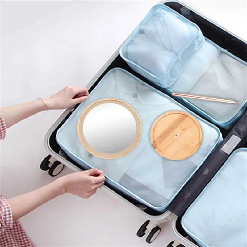 USB Rechargeable 1PC Wood Makeup Mirror 3 Modes With LED Light Daylight Vanity Mirror With Detachable Storage Base GiftT251213