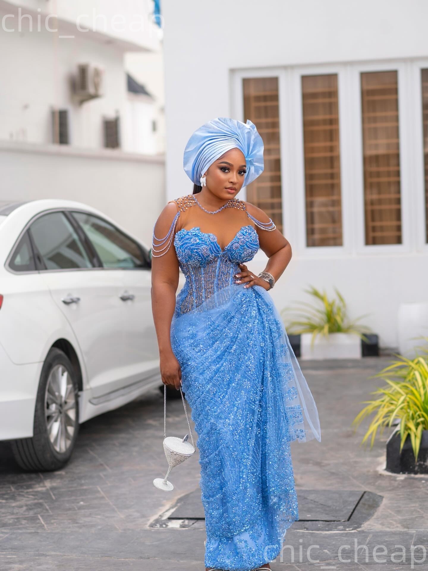 Aso Ebi Light Sky Blue Sheath Prom Dresses 2026 Sheer Neck Beaded Evening Formal Party Second Birthday Engagement Gowns Plus Size Dress For Special Oc