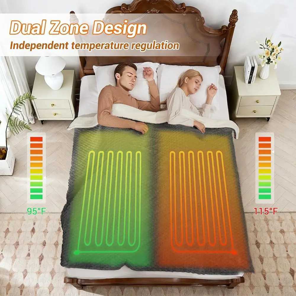 King Size Electric Blanket 90x100 Dual Controls 10 Heat Levels Auto-Off Soft Fleece Washable Grey Y251212