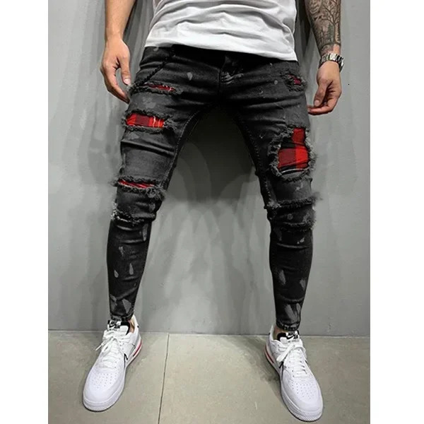 Jeans Pencil Pants Holes Distressed Men Streetwear Denims Patchwork Mid Waist Slim Fit Washed Denim Ankle Length Trousers 251209