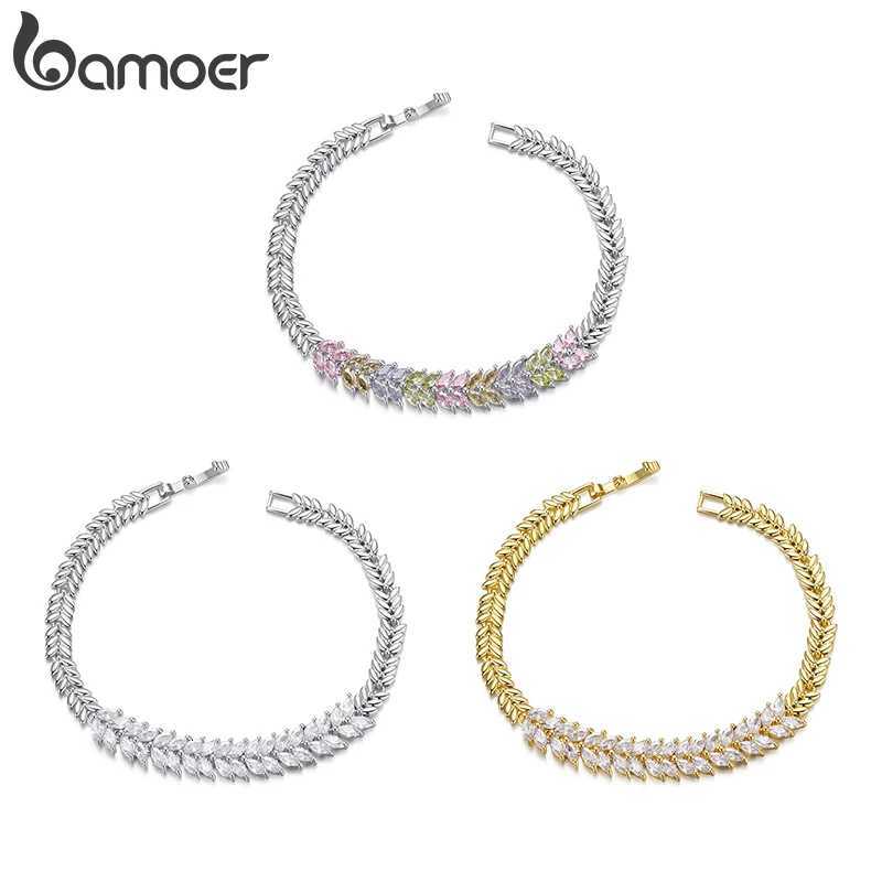Bamoer Original Sparkling Leaves White Gold Design Star and Moon Shinny Chain CZ For Women Bridal Wedding Party Jewelry M251213
