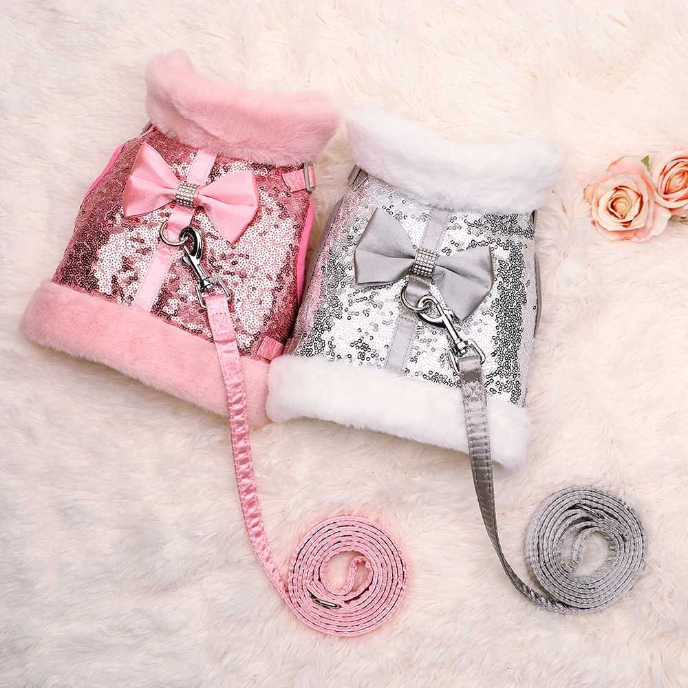 Winter Dog Harness Leash Set Warm Puppy Cat Harnesses With Fur Collar Bling Sequines Pet Vests For Dogs Cats Bowknot Accessories M251213