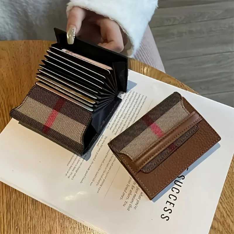 1pc Genuine Leather Vintage Card Holder for Wen Stylish Mti-Slot Wallet with Snap Closure Brown Beige Plaid Design Y251213