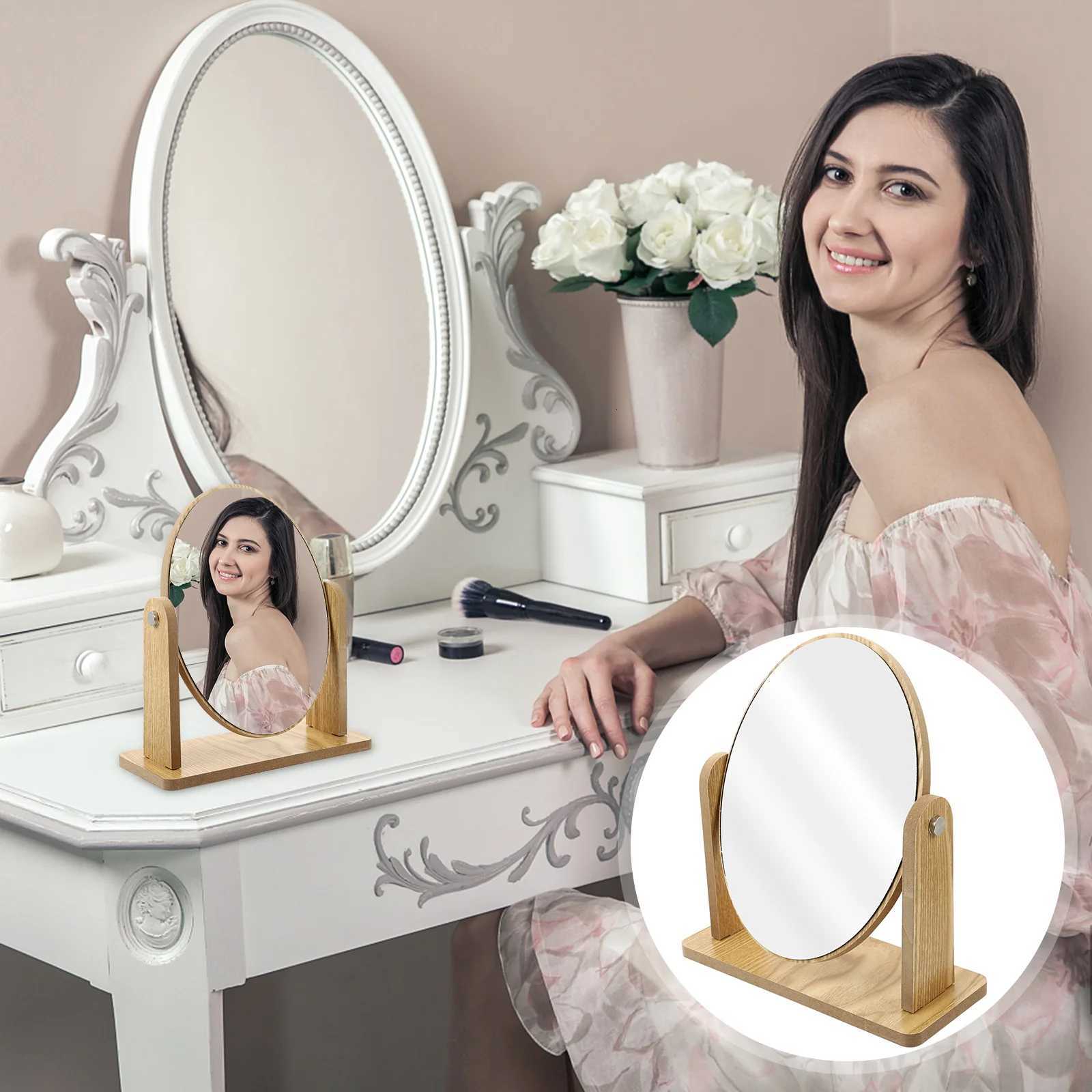 Wooden Swivel Tabletop Vanity For Bathroom Bedroom Dresser Oval Desk Mirror For Women Wood Makeup Mirror Tabletop WoodT251213
