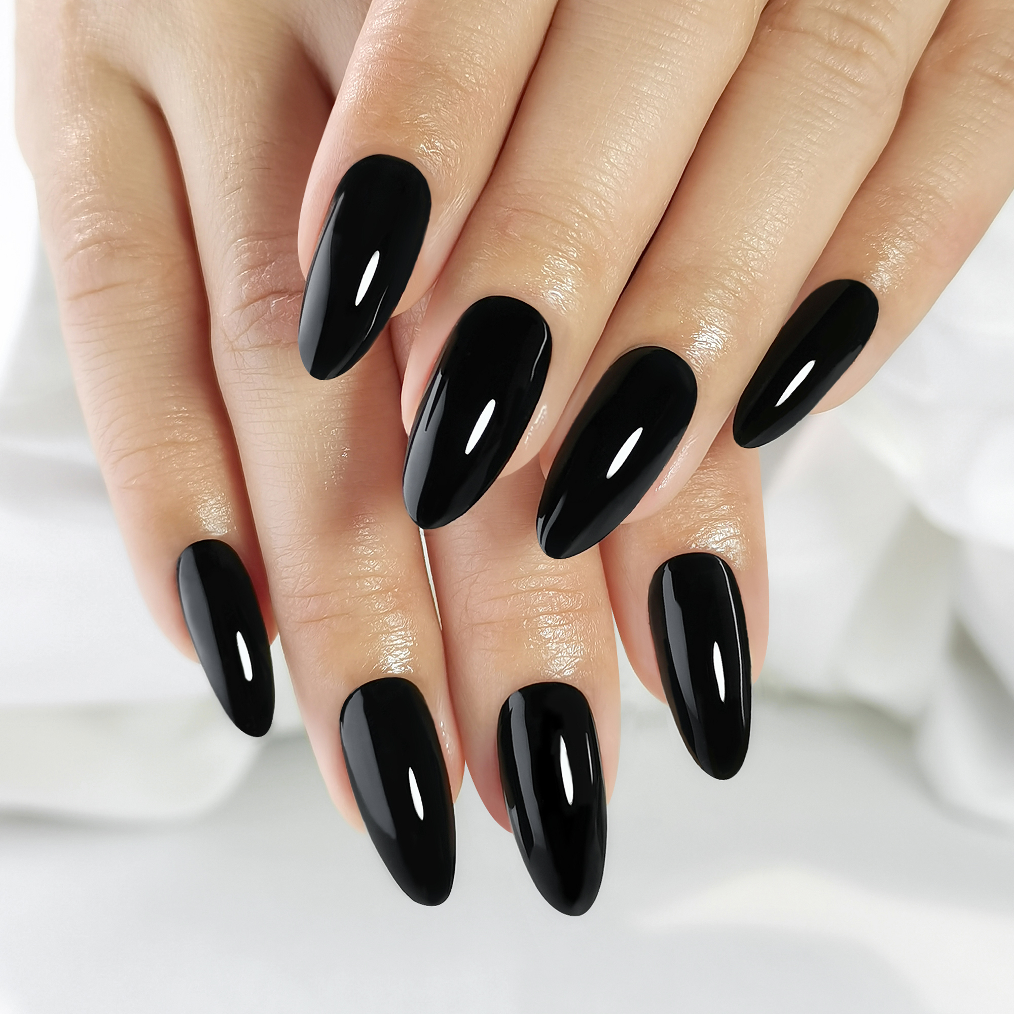 Almond Mid-length Black Fake Nail Solid Color Press on Nails Simple Full Cover Artificial Nail For Girls Nail Extension 32Pcs