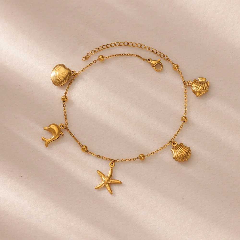 Starfish Dolphin Pendant Anklet for Women Stainless Steel Gold Color Anklets Boho Summer Beach Jewelry Foot Accessories M251213