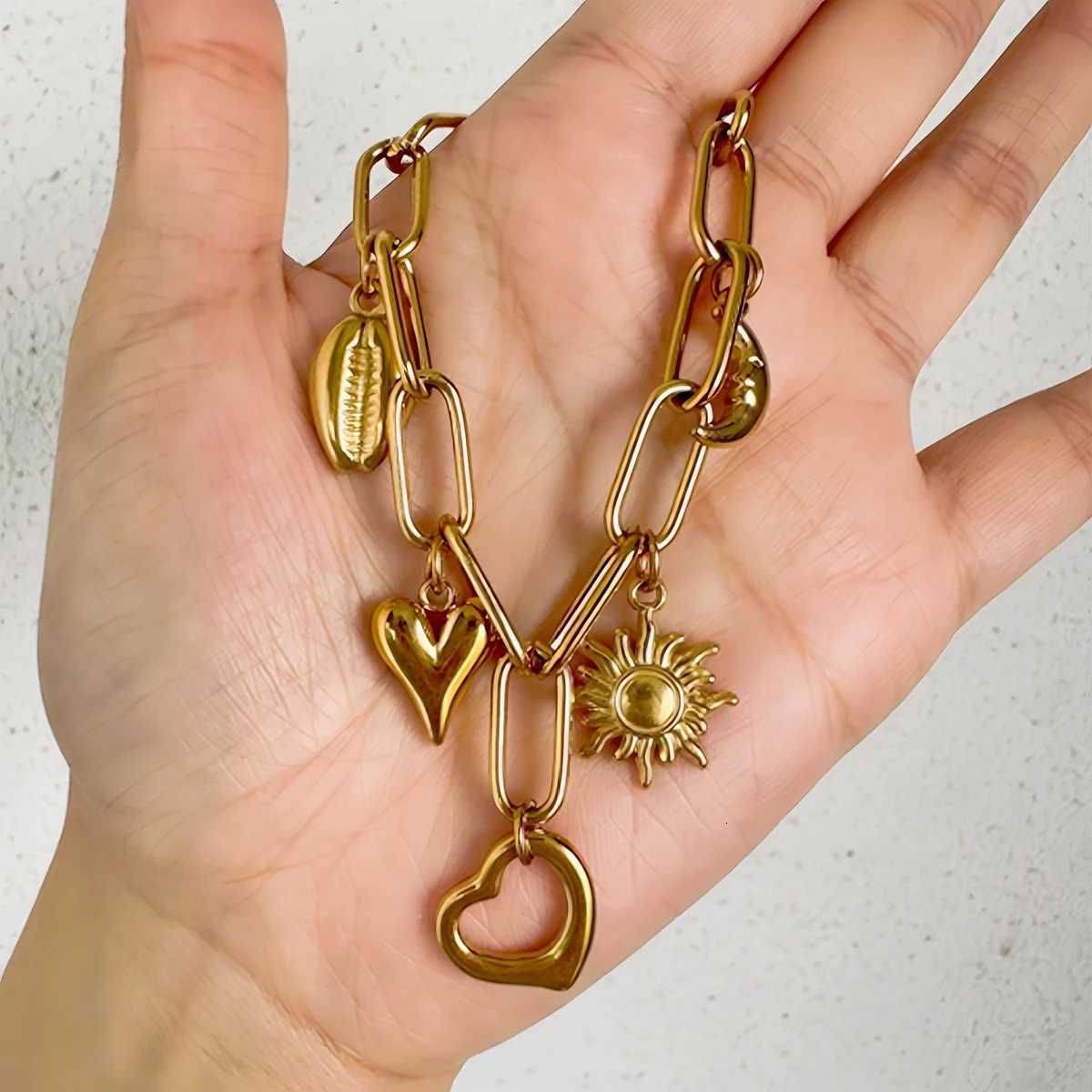 Stainless Steel Metal Gold Plated Sun Moon Heart For Women Trendy Wrist Chain Handmade Jewelry Gift Party M251213