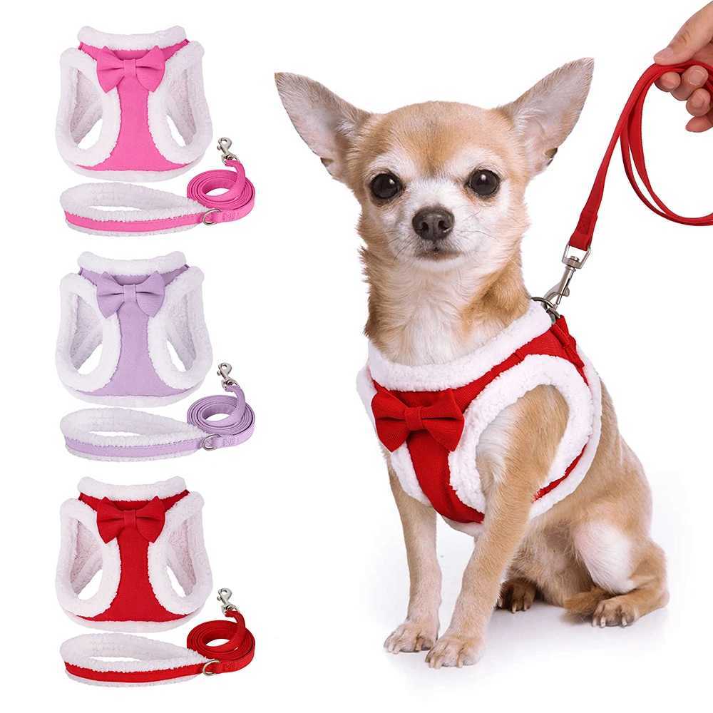 Winter Warm Dog Harness Leash Set Soft Fleece Pet Harness Vest With Cute Bowtie for Small Medium Dogs Chihuahua Walking Belt M251213
