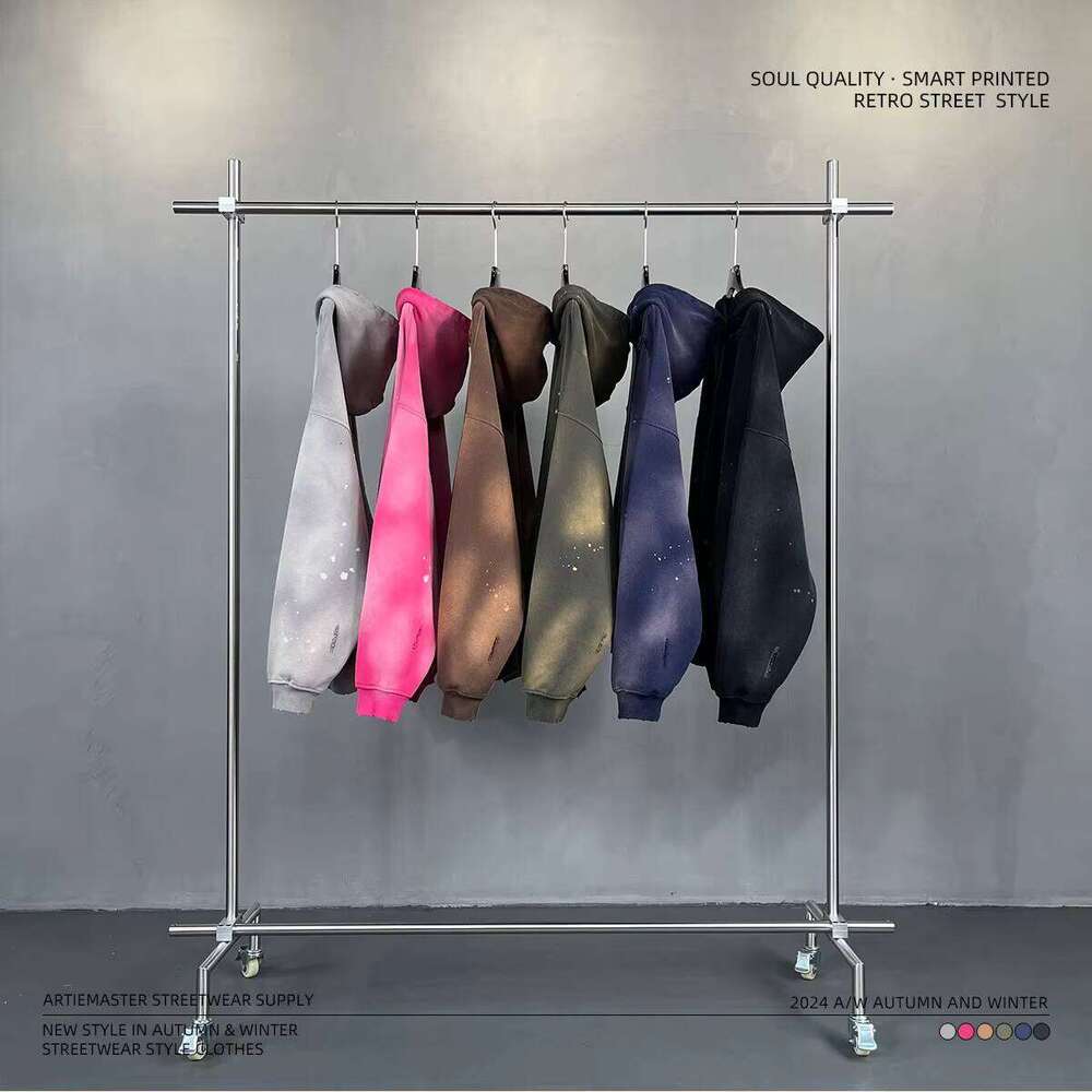 High Quality 420g Spray Dyeing Splash Ink Tear Distressed Hoodie Men's Street Retro Unisex Hoodies