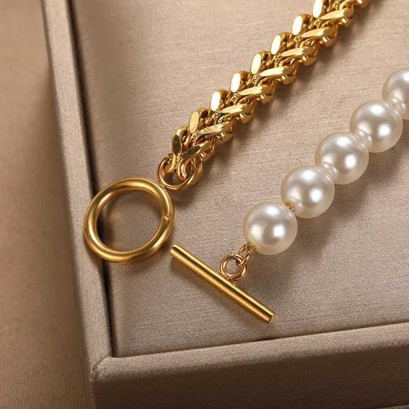 Ins Style Unique Design Feel Personality Cuban Chain Combine Imitation Pearl OT Clasp Stainless Steel for Women M251213