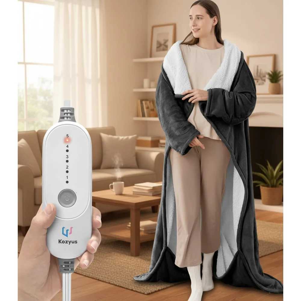 Wearable Heated Blanket with Foot Pocket Sleeves 5 Heat Settings Auto-Off Machine Washable ETL Certified Grey Y251212