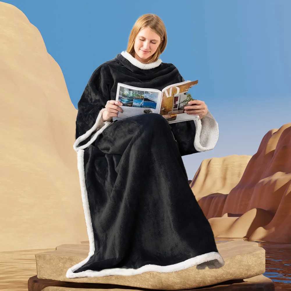 1Pc Large Blanket With Sleeves Comfortable Sleeves Wrapped Around A Long Robe With Pockets Thick And Warm Home Wear Blanket Y251212