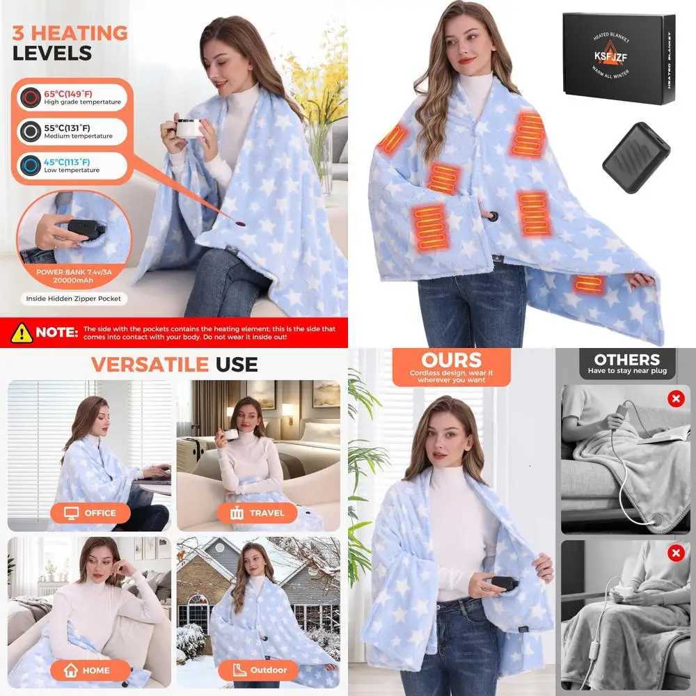 Portable Cordless Electric Heated Blanket 20000mAh Battery 3 Heating Levels 59x355 Blue Y251212