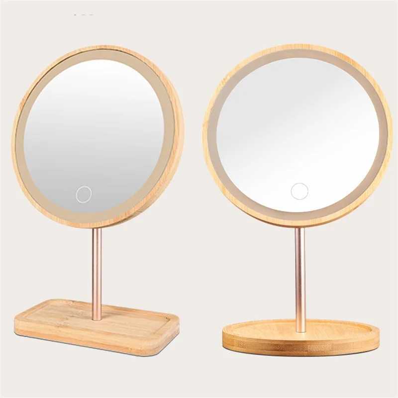USB Rechargeable 1PC Wood Makeup Mirror 3 Modes With LED Light Daylight Vanity Mirror With Detachable Storage Base GiftT251213
