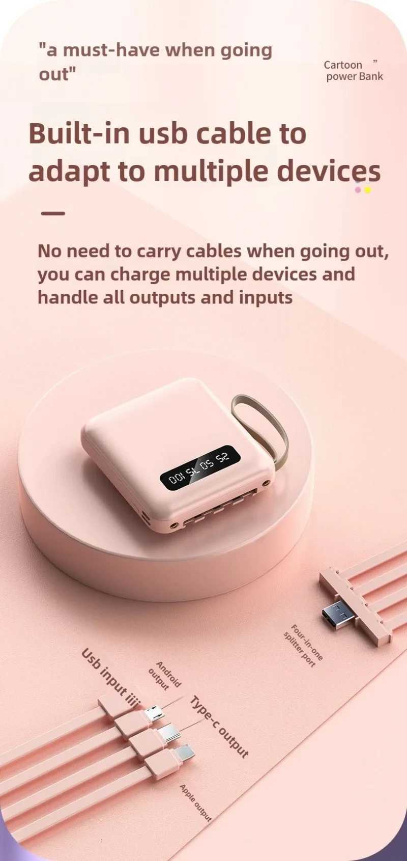 Mini 10000mAh Power Bank Built in Cable PowerBank Digital Display Portable for IPhone for H251213