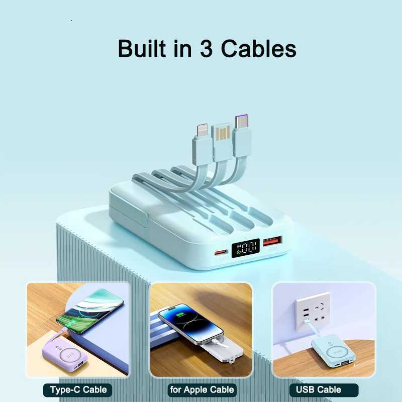 10000mAh Wireless Magnetic Power Bank Built in 3 Cables Portable External Battery For iPhone 16 Fast Charging Powerbank H251213