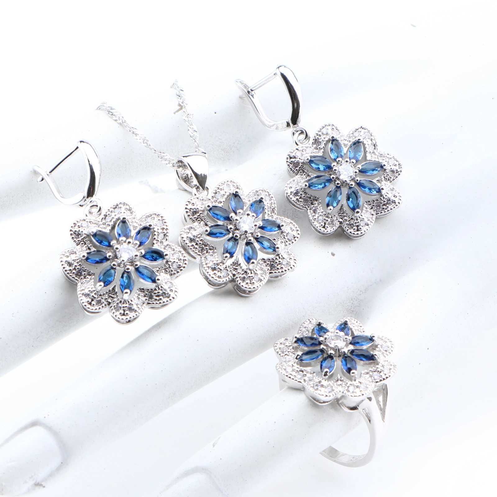 925 Sterling Silver Jewelry Sets Bridal Blue Zircon For Women Wedding Rings Earrings s Pendants Necklace Set M251213