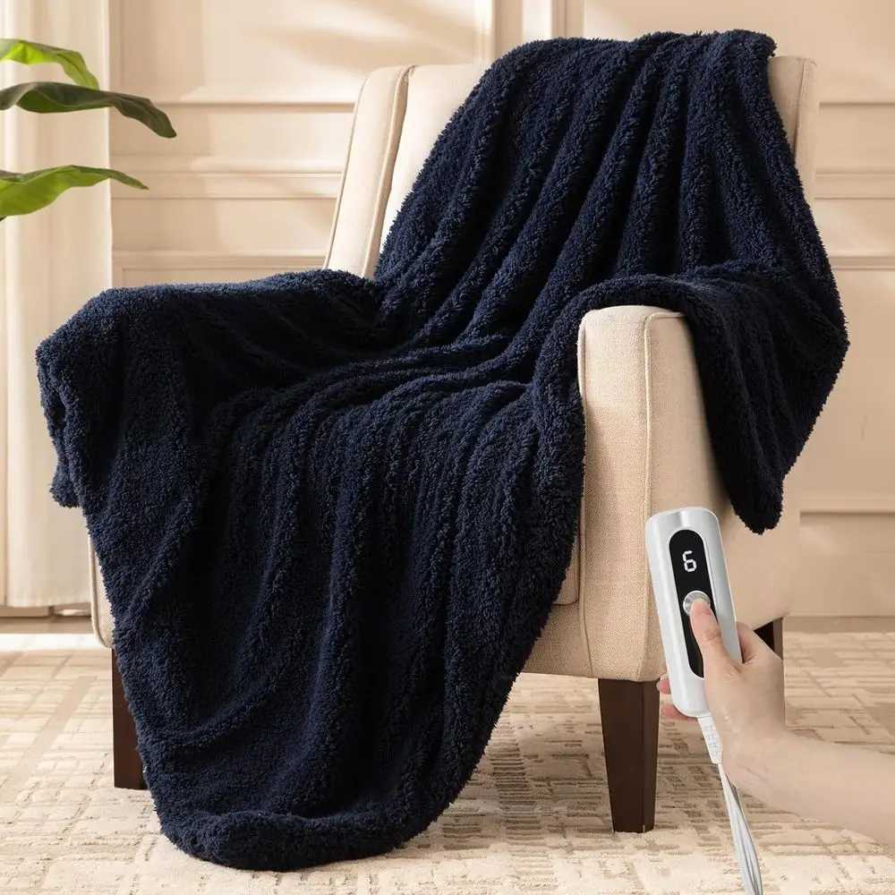 Double-Sided Sherpa Twin Electric Blanket with 6 Heat Settings Auto-Safety 10-Hour Timer 62x84 Navy Y251212