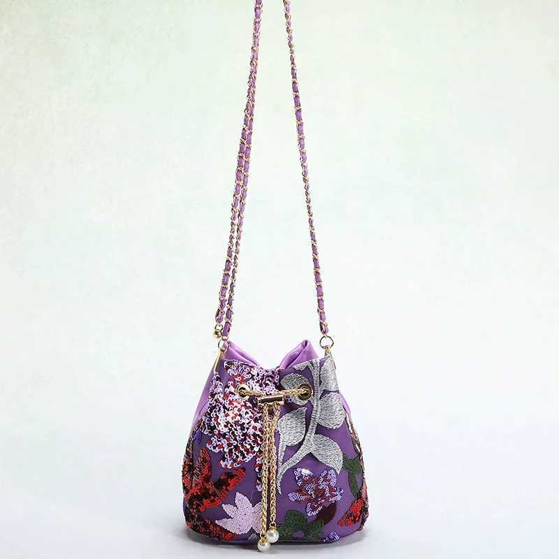 Ladies Crossbody Bag Floral Embroidered Sequined Patchwork Contrast-Colour Trendy Elegant Womens Drawstring Chain Bucket BagT251213