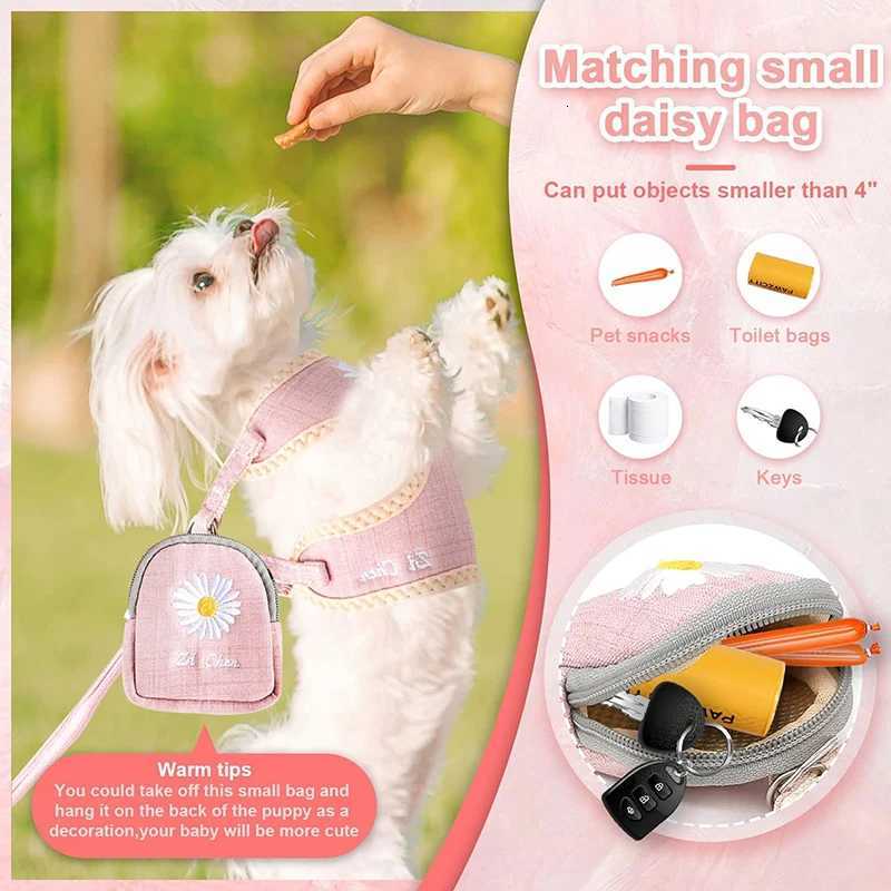 Cute Small Dog Harness and Leash Set with Snack Hanging Bags No Pull Daisy Dog Vest Harness Soft Breathable Mesh Puppy Harness M251213
