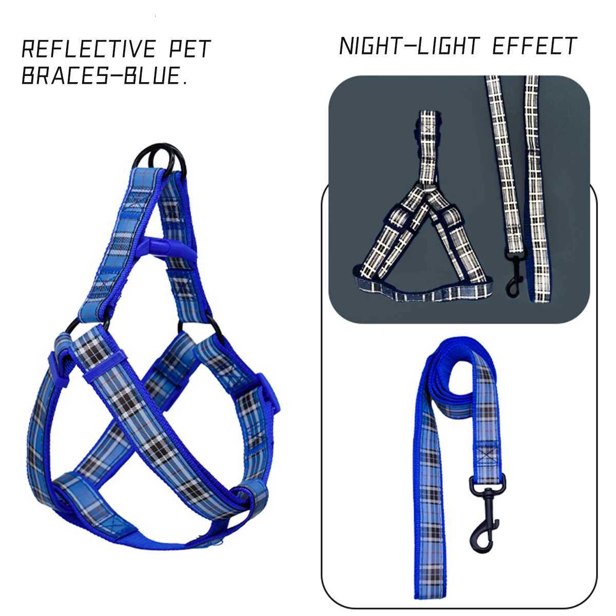 A set of plaid reflective chest and harness set for small and medium-sized dogs to go out for a walk and a lead rope for cats an M251213