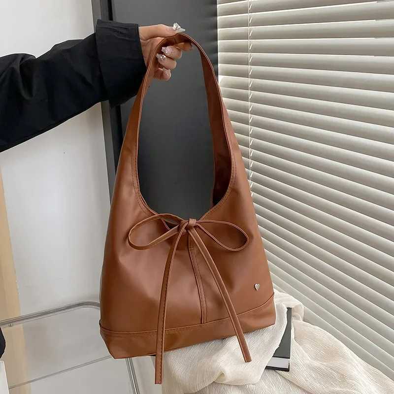 Trendy 2025 Korean Waxed Leather Bow Shoulder Bag Spacious Womens Crossbody Tote for Daily CommuteT251213