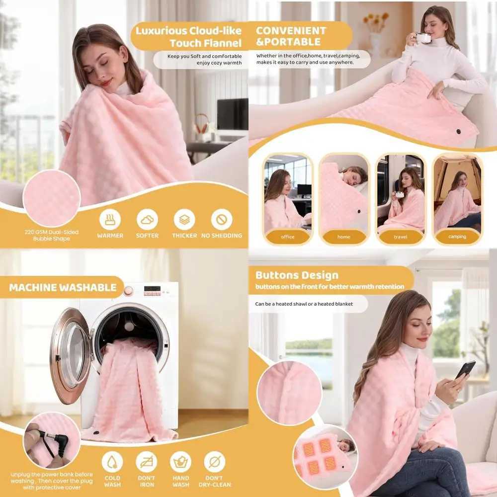 Portable Electric Heated Blanket with 20000mAh Battery 59x355 3 Heat Levels Pink Y251212