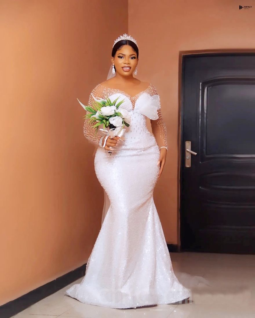 Arabic Aso Ebi Plus Size White Mermaid Wedding Dress Beaded Crystals Sequined Luxurious Bridal Gowns Robe de mariee D13