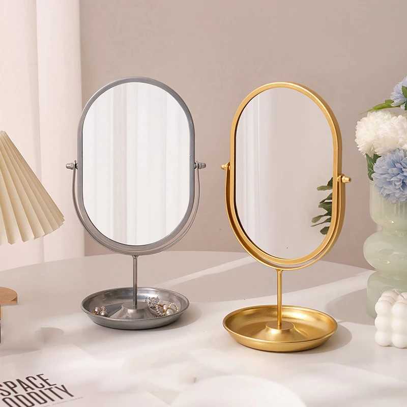 New Desktop Makeup Mirror Household Bedroom Vanity Mirror Iron Frame Oval Cosmetic Mirrors Two Style Flat Base and Storage BaseT251213