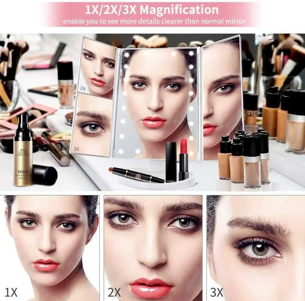 2X 3X Magnification Makeup Mirror Triple Told 22LED Lampstand Vanity Mirror Supports USB and Dry Battery Charging Square MirrorT251213